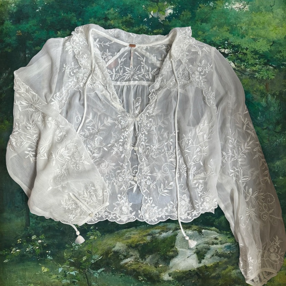 Free people White sheer embroidered blouse